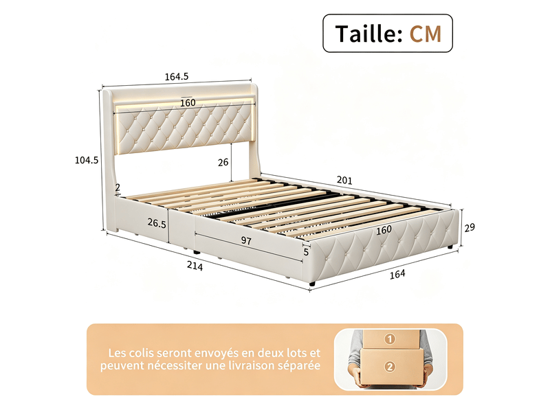  Lit double capitonné 160 x 200 cm velours beige avec sommier, 4 tiroirs, led et ports usbtype-c  - Conforama R