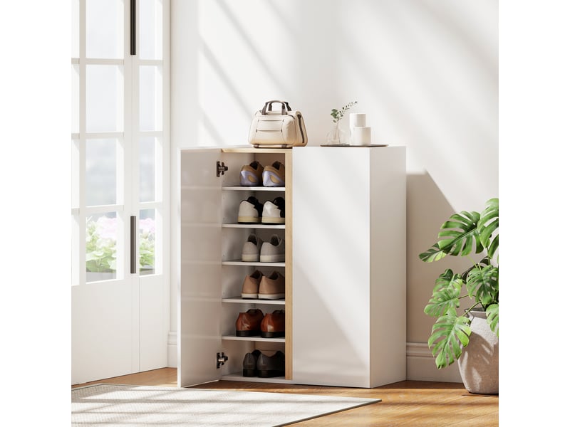 Meuble à chaussures à fermeture amortie avec design à 6 niveaux sans poignées pouvant contenir jusqu'à 18 paires pour entrée en bois blanc - Conforama D