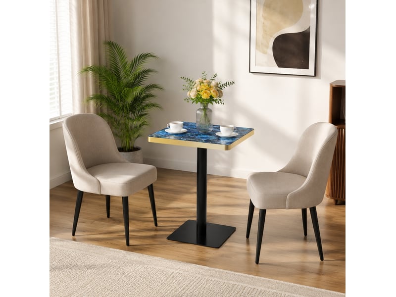  Table de salle à manger carrée pour 2 à 4 personnes, plateau aspect marbre, piètement métal bleu, 60 × 60 × 74 cm  - Conforama D