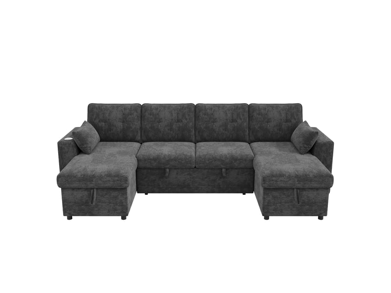 Canapé d'angle convertible 4 places 273x131x83 cm en chenille avec 2 méridiennes coffre, rangement, led, usb type-c - gris - Conforama A