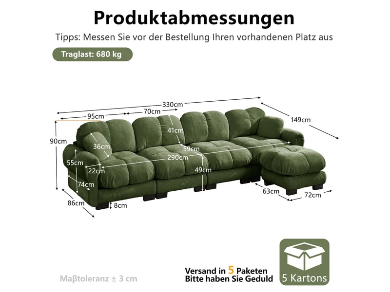  Canapé d'angle modulable 4 places modenvie avec pouf mobile, tissu chenille vert, dossier ergonomique, design matelassé, 330 x 149 x 90 cm  - Conforama C