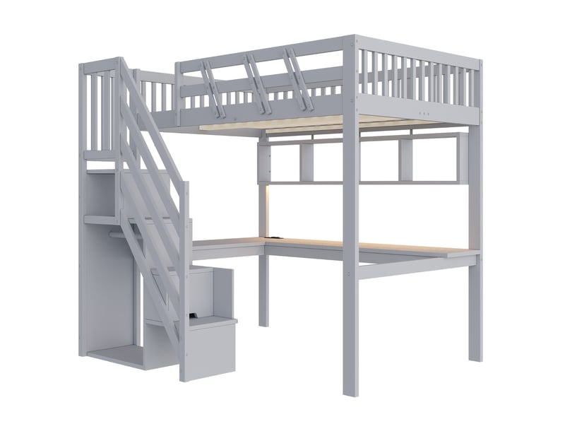  Lit mezzanine 140x200 gris, lit enfant avec bureau intégré, escalier de rangement, led et usb, 205x193.5x170 cm  - Conforama W