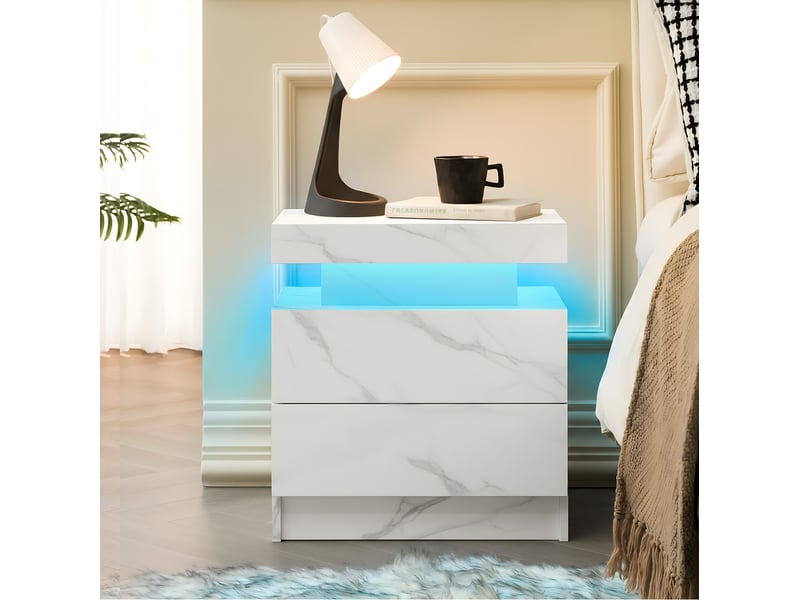  Table de chevet led blanc pierre, 2 tiroirs, design moderne  - Conforama B