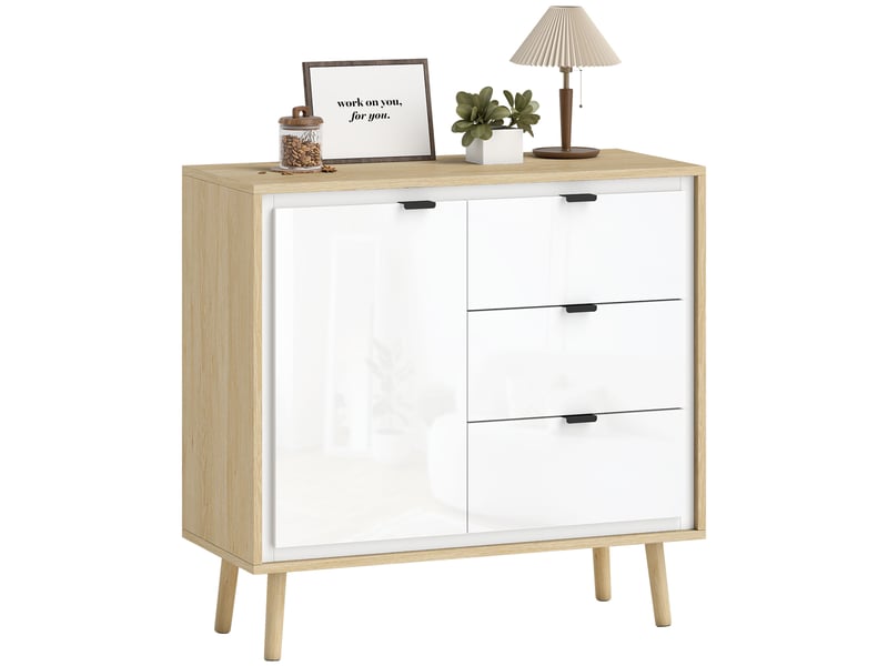  Buffet moderne avec porte, 3 tiroirs et étagère réglable pour salle à manger et entrée, 80 x 35 x 77 cm, blanc et chêne  - Conforama A