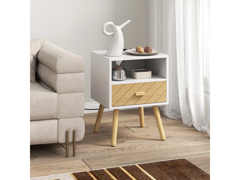  Table de chevet avec station de charge, tiroir, 2 prises secteur, port usb type-c, compartiment ouvert, pieds en bois, blanche  - Conforama D