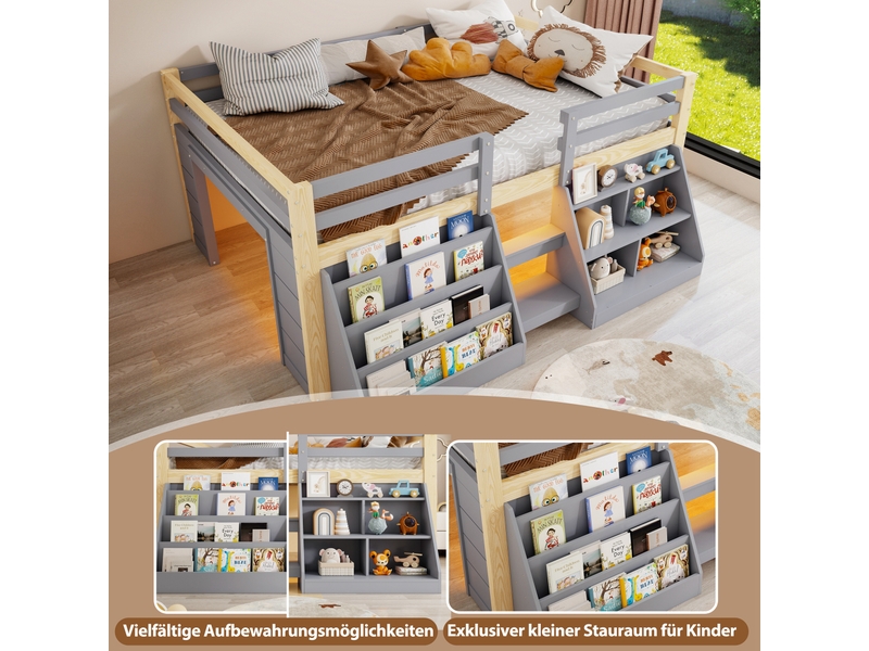  Lit mezzanine enfant 140x200 cm en pin gris et naturel avec led, étagères, rangement, garde-corps et échelle Morn Vibe - Conforama E