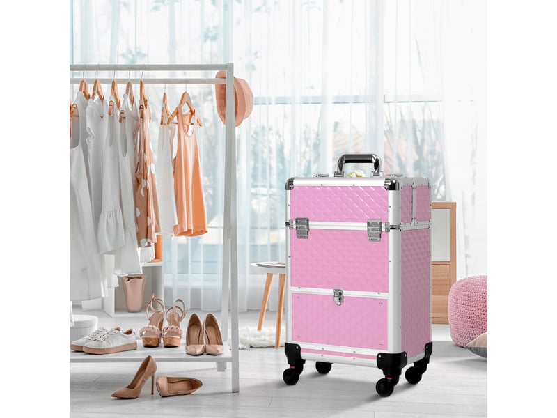 Trousse de maquillage professionnelle avec tiroir, valise à roulettes pour les voyages et le travail, 34 x 25 x 62 cm, rose - Conforama C