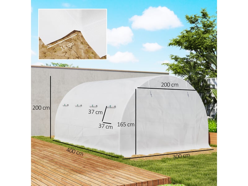  Bâche de rechange serre tunnel 12 m² 4 x 3 x 2 m pe anti-uv imperméable 8 fenêtres + porte enroulable zippée blanc  - Conforama E