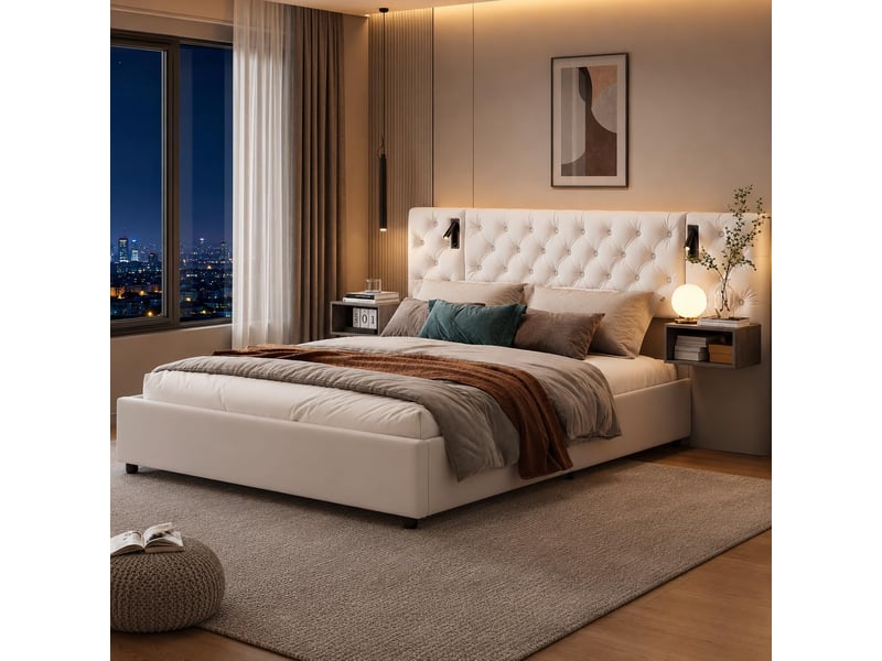  Lit rembourré 140 x 200 cm,lit enfant avec tête de lit de rangement, ports usb et type c,lit hydraulique avec éclairage led,velours, sans matelas  - Conforama B