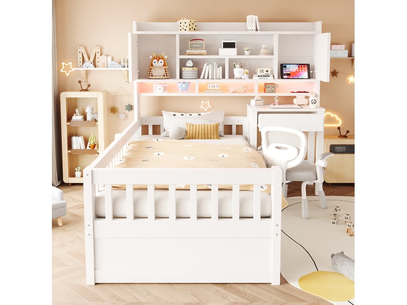  Lit combiné enfant 90x200 cm avec bureau, rangements et led blanc  - Conforama E