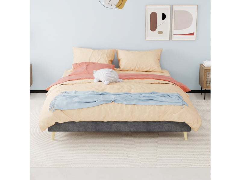  Sommier 2 places 160x200 cm en velours gris avec matelas  - Conforama E