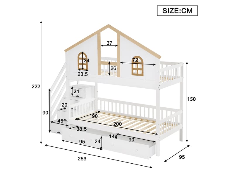  Lit superposé enfant 90 x 200 cm avec fenêtres, escalier de rangement et 2 tiroirs, blanc et naturel  - Conforama E