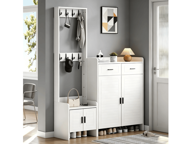  Meuble d'entrée avec 2 portes, 2 tiroirs, 6 étagères et 8 crochets pour chaussures, blanc, 125 × 36 × 165 cm  - Conforama C