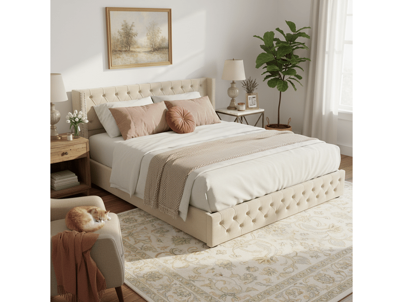 Lit coffre rembourré 160x200 cm avec rangement hydraulique, lit double en velours avec tête de lit à oreilles, capitonnage et doubles clous, beige OPULERANE TRADING LTD - Conforama B