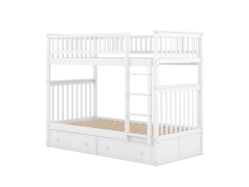 Lit superposé 90x200 cm avec 2 tiroirs, transformable en 2 lits, pin, blanc, sans matelas - Conforama C