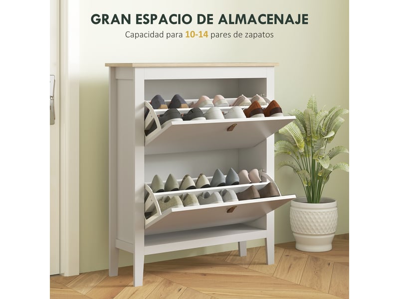  Étagère à chaussures étroite à 2 compartiments avec poignées en similicuir pour couloirs et entrées, 80 x 24 x 95,5 cm, blanc et bois  - Conforama E