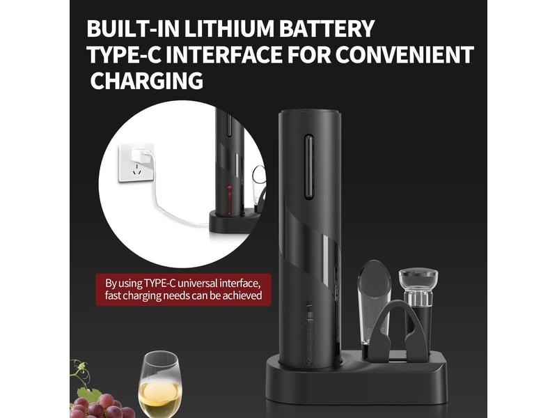  Décapsuleur électrique 5 en 1 avec base de rangement rechargeable, coupe-capsule, bec verseur et bouchon de vin  - Conforama D