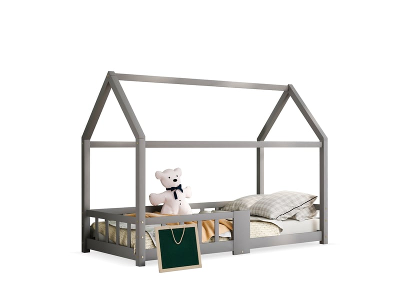  Lit cabane enfant 90x200 cm, avec tableau noir, garde-corps et sommier à lattes, structure en bois de pin, gris evarich - Conforama A