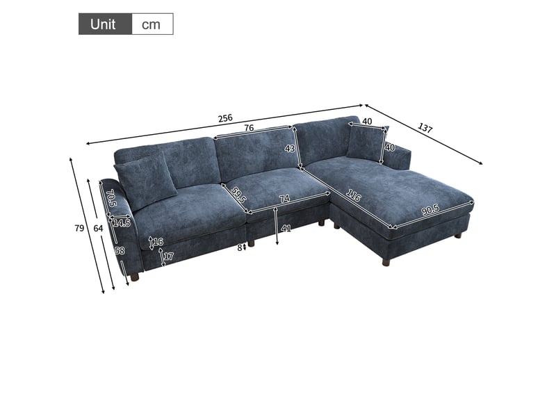  Canapé d'angle réversible 3 places avec chaise longue modulable, assise 90 cm, en chenille bleu marine  - Conforama E