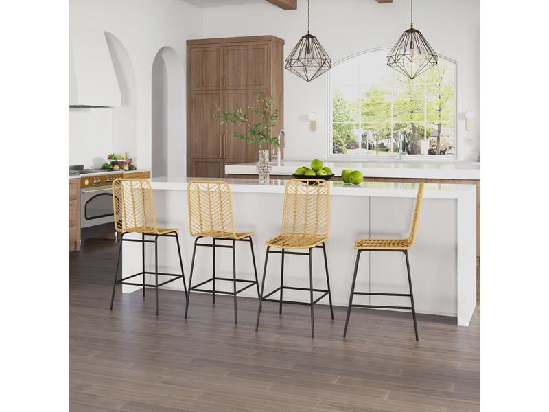  Lot de 4 tabourets de bar avec dossier en cannage et repose-pieds cadre en acier 42,5x52x102cm jaune  - Conforama D