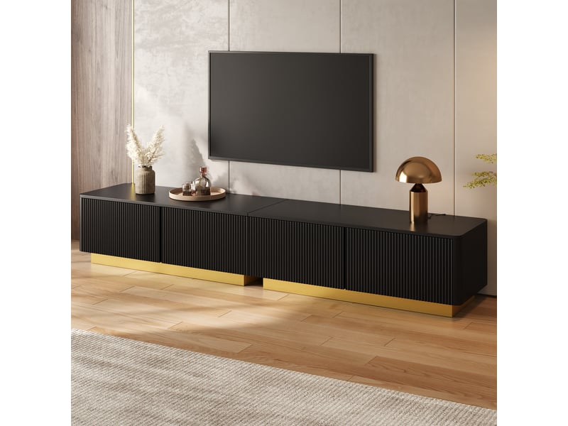 Meuble tv noir 200 cm à façade nervurée élégante, banc tv long 200cm avec tiroirs, portes et passe-câbles pour salon moderne.  - Conforama R