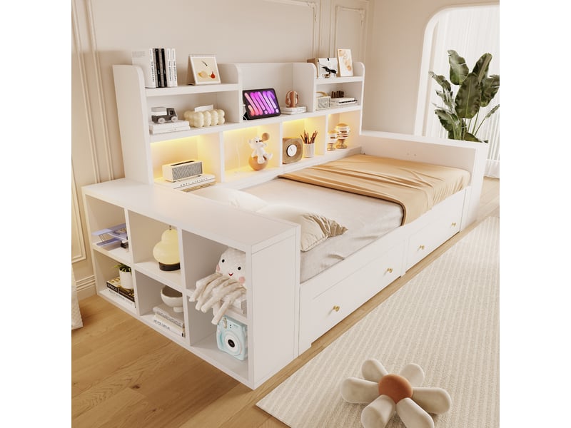 Lit gigogne 2 places 90×200 et 180×200 cm avec led, prise et tiroirs - okmyhome- blanc, sans matelas - Conforama C