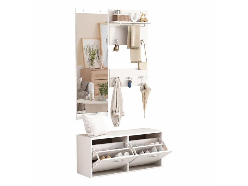  Ensemble meuble d’entrée blanc 4 pièces avec miroir, meuble à chaussures et 6 crochets  - Conforama A