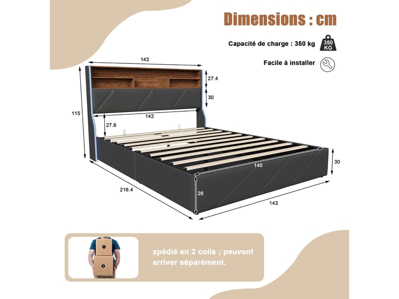  Lit coffre 140x200cm - lit double 140x200 - rembourré simili cuir avec étagère tête de lit, led latérales &amp; ports usb - noir  - Conforama E