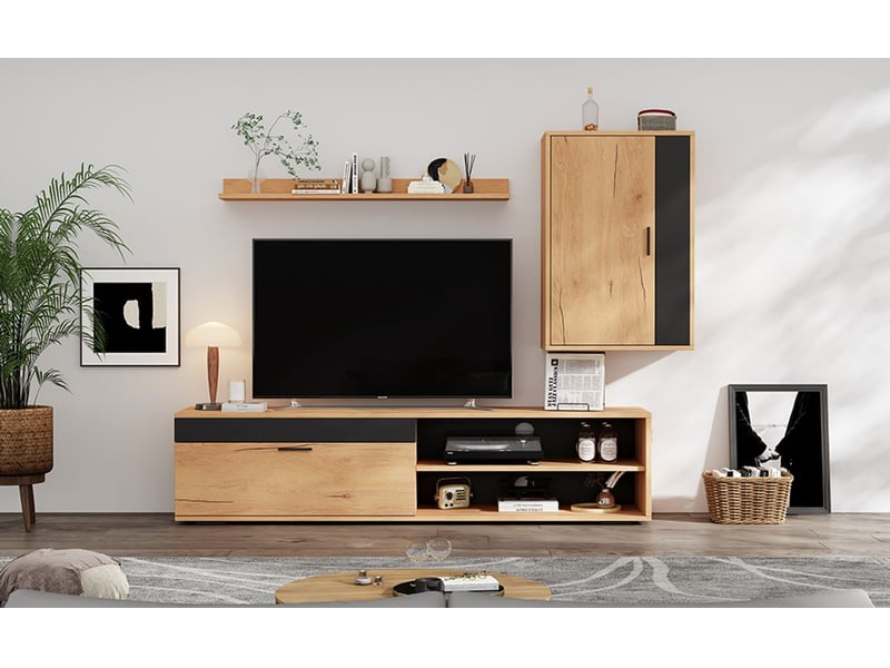  Meuble tv mural 140x40x40, design moderne bois et noir avec rangement complet meuble tv contemporain  - Conforama C