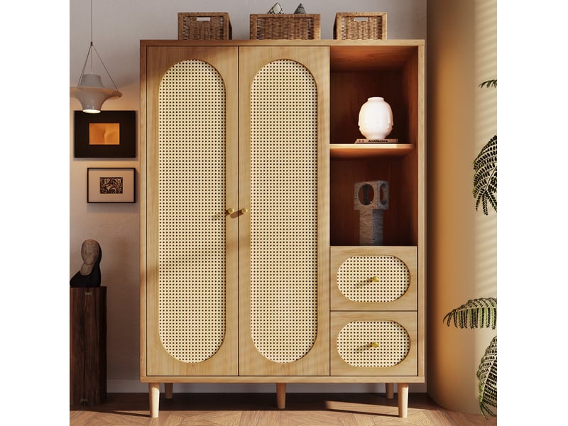  Armoire 2 portes 2 tiroirs avec étagères ouvertes et barre de penderie pour chambre et entrée en bois chêne  - Conforama D