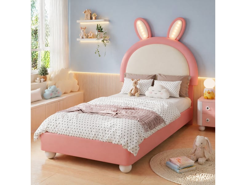  Lit enfant simple 90×200 cm led et tête de lit lapin  - sans matelas, pu rose et blanc  - Conforama B