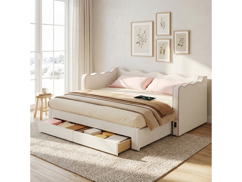  Canapé-lit 90x200 cm, lit enfant, couchage d'appoint, 2 tiroirs, extensible, port usb, tissu bouclé beige  - Conforama A