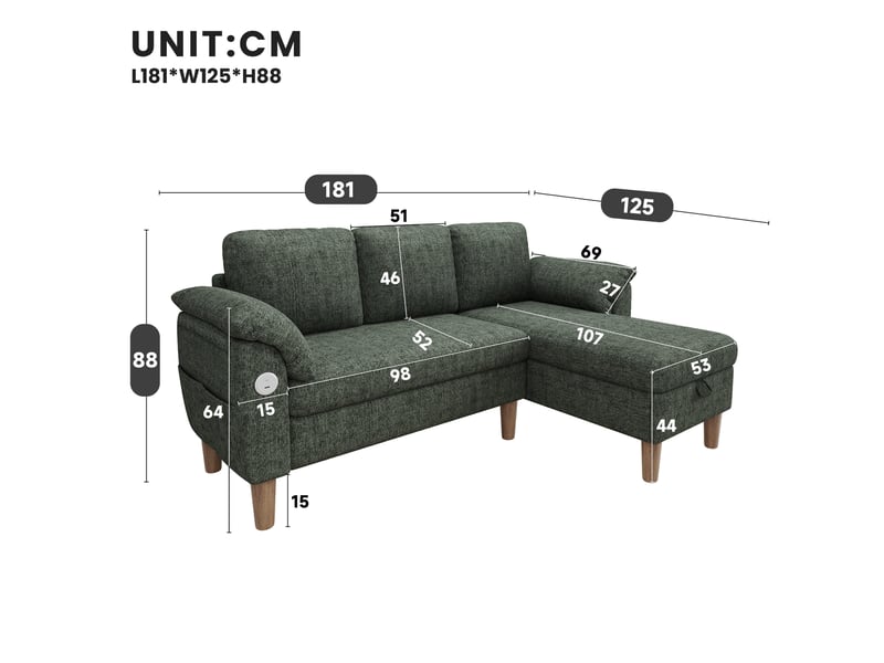  Canapé d'angle 3 places 181x125x88 cm avec méridienne et rangement vert  - Conforama C