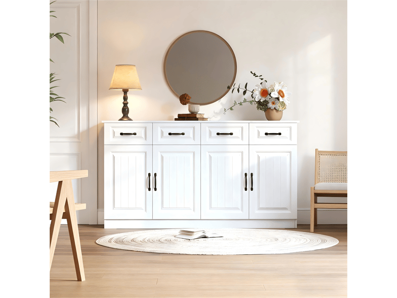  Buffet commode 160x35x80 cm avec façade rainurée - 4 tiroirs 4 portes 2 étagères 8 poignées métal - blanc BUYDEEMEUS - Conforama B