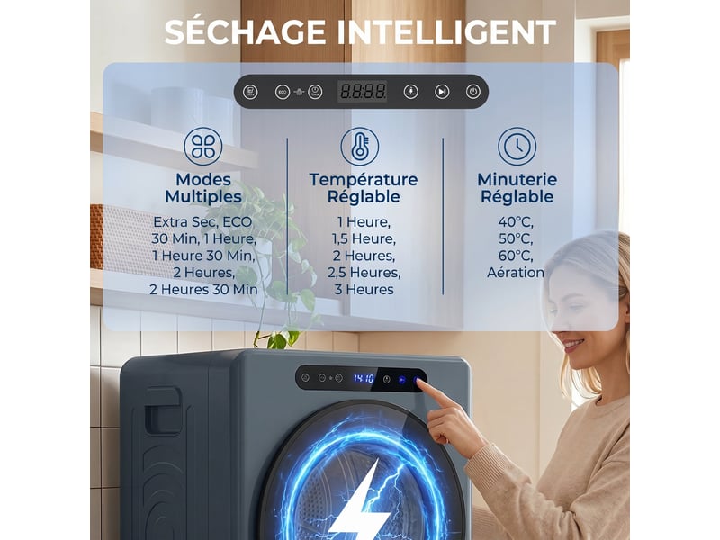  Sèche linge à évacuation, sèche-linge électrique 1000 w 3 kg, modes extra dry et eco, minuterie, bleu, acier inoxydable  - Conforama A