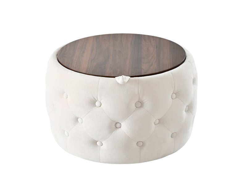  Lot de 2 poufs gigognes en velours, beige, rangement et plateau bois 4-en-1  - Conforama E