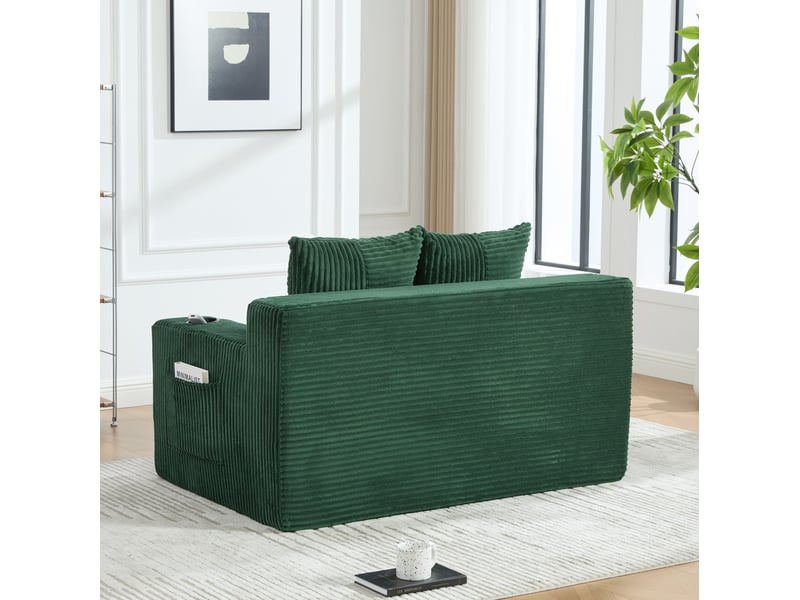  Canapé-lit 2 places 133x87 cm – vert émeraude – velours côtelé, poches latérales et porte-gobelets  - Conforama D