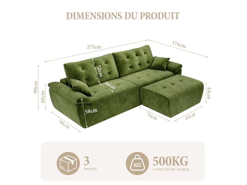  Canapé modulable en chenille vert mousse haute densité avec pouf,canapé salon 275cm style nuage confortable,compressé sans montage 275x174x66CM - Conforama E