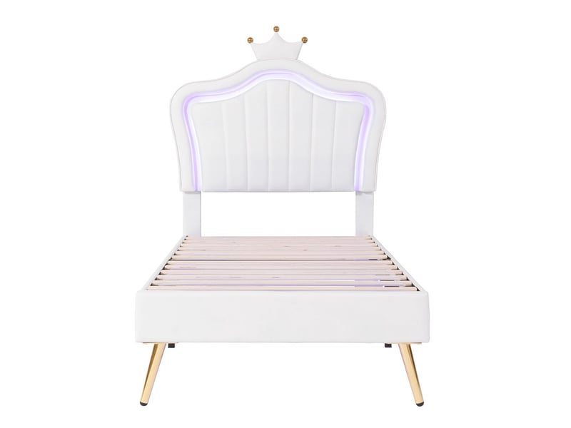  Lit rembourré 90x200 cm en similicuir blanc avec led - lit enfant - forme couronne, pieds surélevés, sommier inclus  - Conforama A
