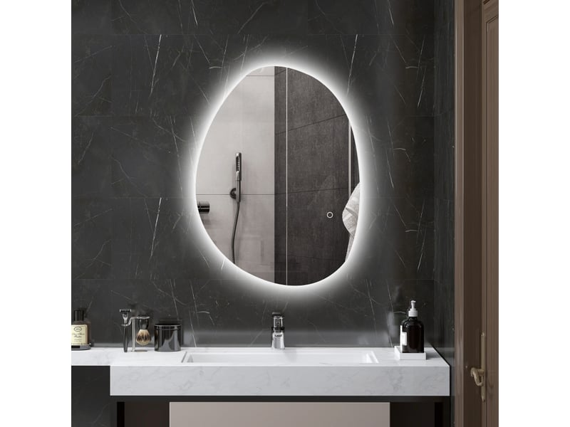  Miroir de salle de bain asymétrique avec éclairage led, miroir led 70x50 cm, anti-buée, 3 couleurs, interrupteur tactile, argenté.  - Conforama C