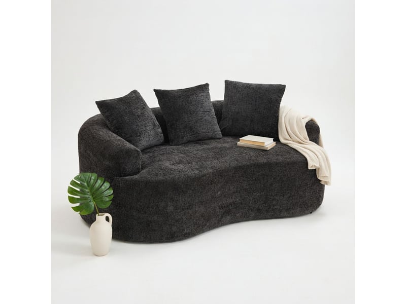  Petit canapé en chenille avec trois coussins, lignes courbes et assise profonde, sans montage, idéal pour appartement ou salon, couleur noire  - Conforama A