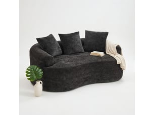 Petit canapé en chenille avec trois coussins, lignes courbes et assise profonde, sans montage, idéal pour appartement ou salon, couleur noire