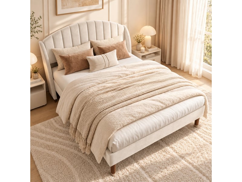  Lit double 140x190 en velours beige, lit adulte rembourré, sommier à lattes, tête de lit épaisse,lit 2 places  - Conforama E