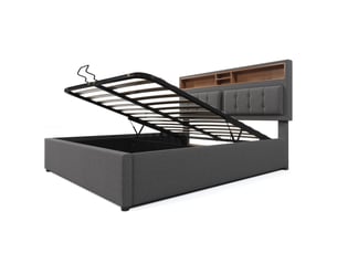 Lit double capitonné avec usb-c et charge, rangements, cadre en lin 140x200 avec sommier et matelas