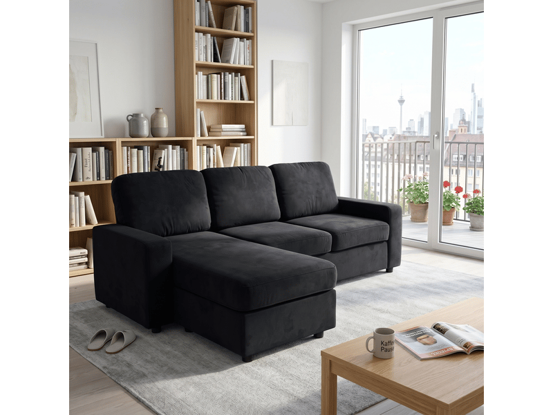 Canapé d'angle avec coffre 3 places noir - méridienne réversible 245,5 cm - tissu déhoussable - Conforama D