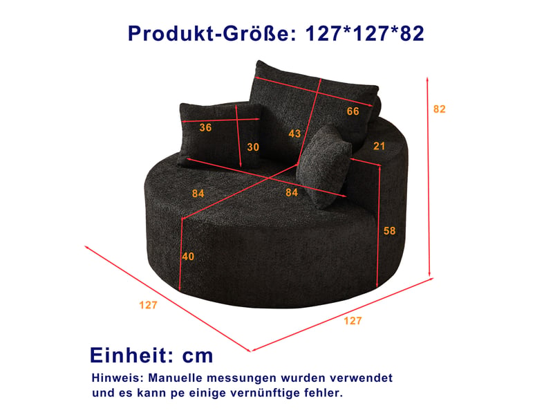  Fauteuil une place modenvie en chenille noire avec mousse, coussins et dossier, 127 x 127 x 82 cm, sans montage  - Conforama C