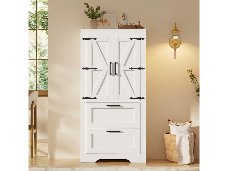  Armoire de cuisine blanche style campagne avec 2 tiroirs et étagères réglables, 60x30x128cm  - Conforama E