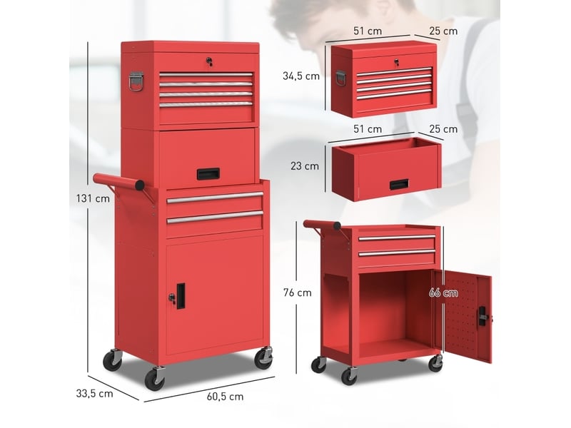  Armoire à outils mobile 60,5 x 33,5 x 131 cm rouge en acier, 6 tiroirs et 2 compartiments verrouillables  - Conforama C