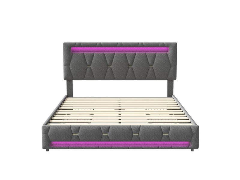  Lit double rembourré - 140x200 cm gris - led rvb variable - 4 tiroirs - tissu en lin - meuble de chambre moderne et confortable avec rangement  - Conforama A