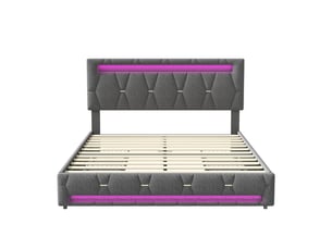 Lit double rembourré - 140x200 cm gris - led rvb variable - 4 tiroirs - tissu en lin - meuble de chambre moderne et confortable avec rangement